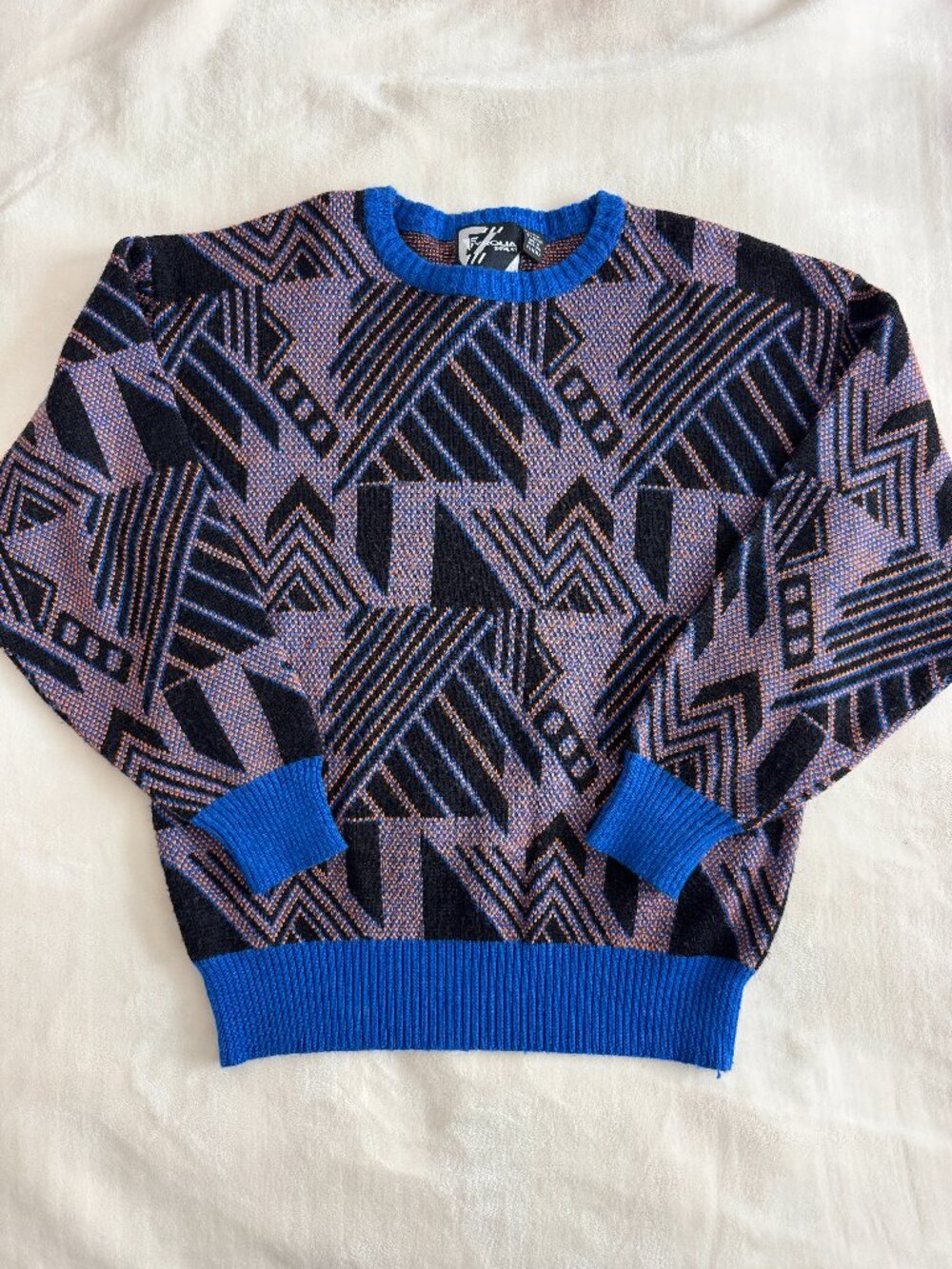 Vintage 80s Tyrolia Skiwear Geometric Ski Sweater Blue Black Orange Abstract